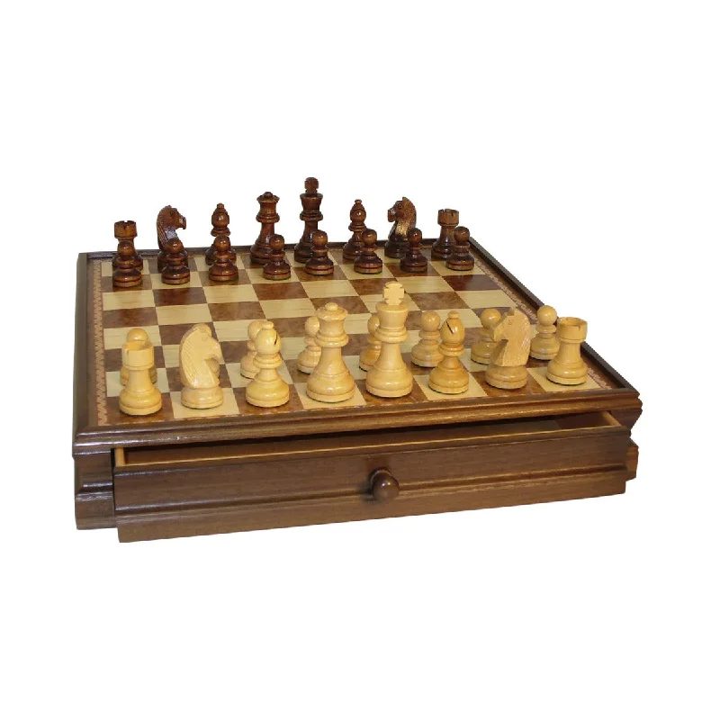 15-inch Walnut and Maple Drawer Chest Chess Set