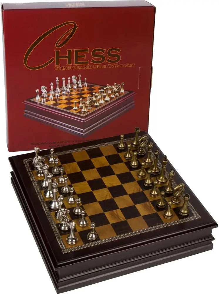 Chess Inlaid Wood Board Game Set with Metal Pieces