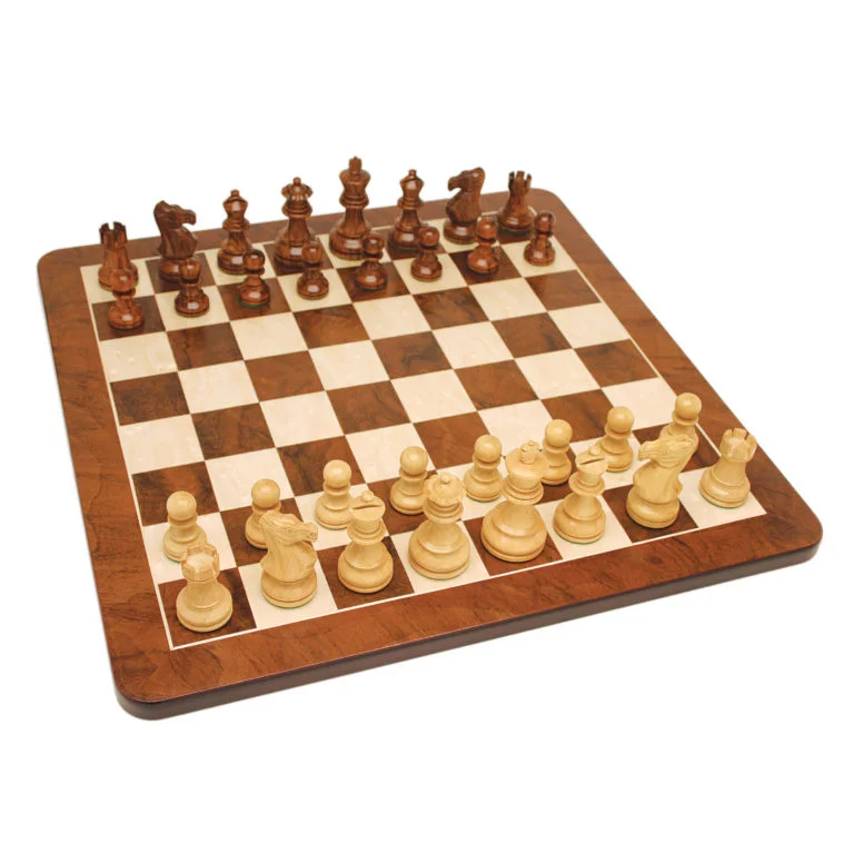 GRAND ENGLISH STYLE CHESS SET - WEIGHTED PIECES W/ 19" WALNUT ROOT WOOD BOARD