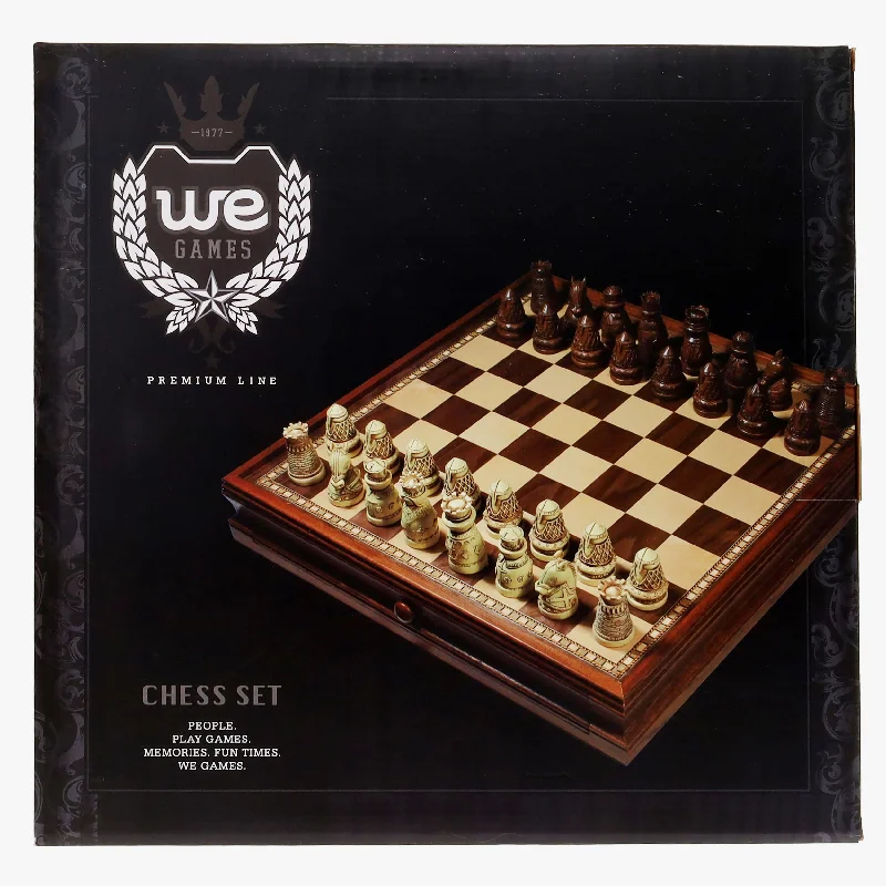 Medieval Chess & Checkers Game Set – Brown & Ivory Chessmen & Wood Board with Storage Drawers 14.75 in.