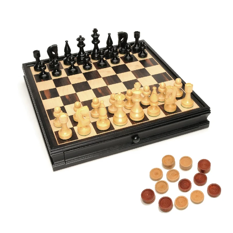 Russian Style Chess & Checkers Game Set – Weighted Chessmen & Black Stained Wood Board with Storage Drawers 15 in.