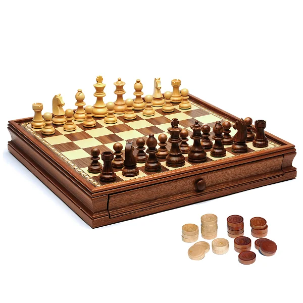 Wood Expressions - 15" Premium Wood Chess & Checkers Set w/ Storage