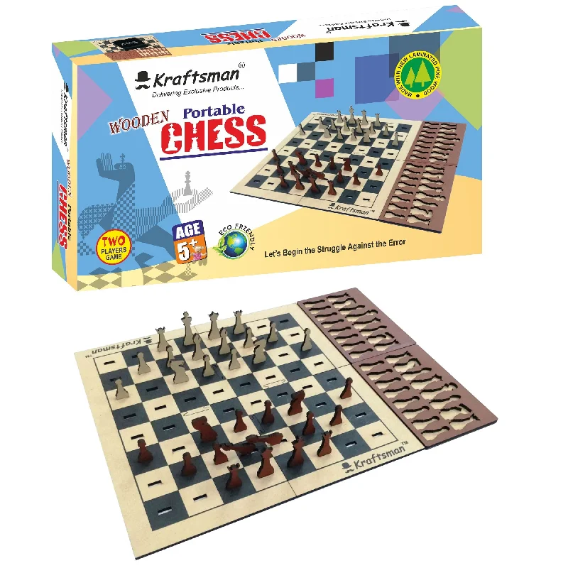 Wooden Portable Chess | Board Set with Splittable Tray and Storage Bag