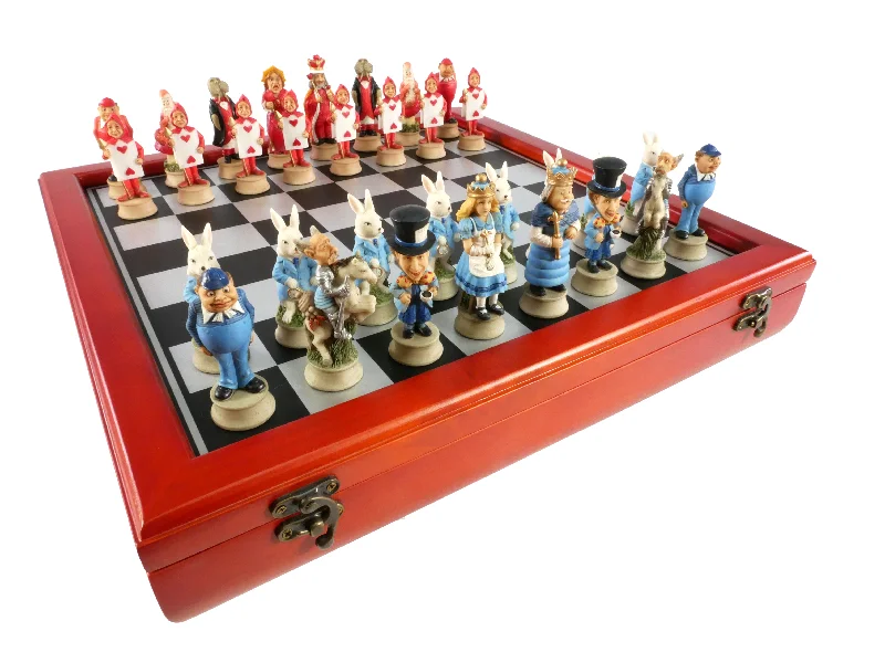 Chess Set - Alice in Wonderland Resin Chessmen on Cherry Stained Chest