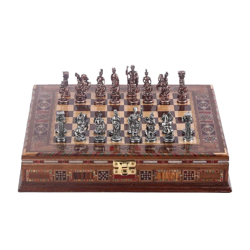 Antique Copper Roman Chess Pieces With Natural Wood Chess Board With Storage