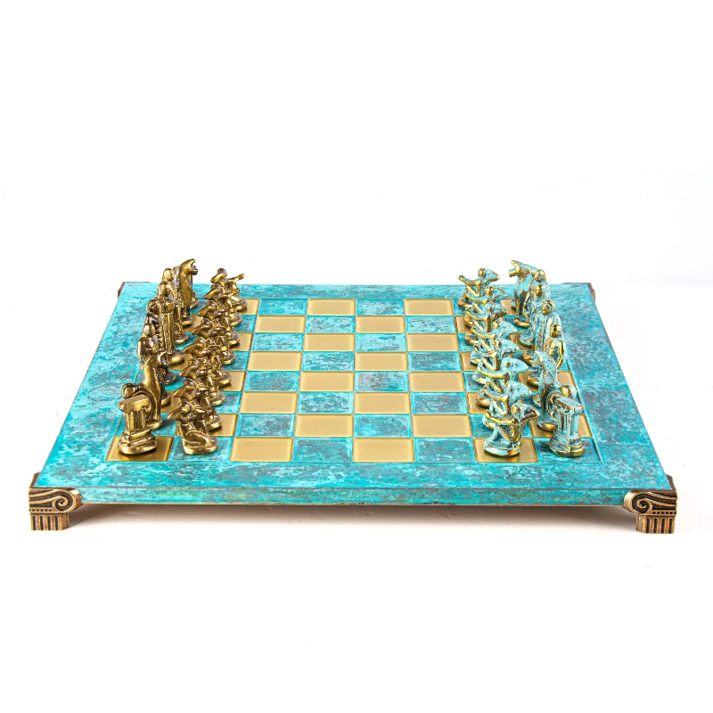 Handcrafted Archaic Period Chess Set - Blue & Brown Chessmen with Bronze Board (Large)