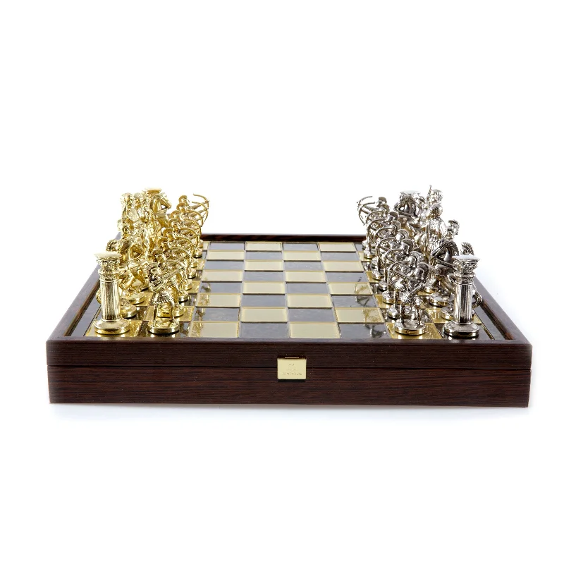 Handcrafted Archers Chess Set in Wooden Box - Gold & Silver Chessmen with Bronze Board (Large)