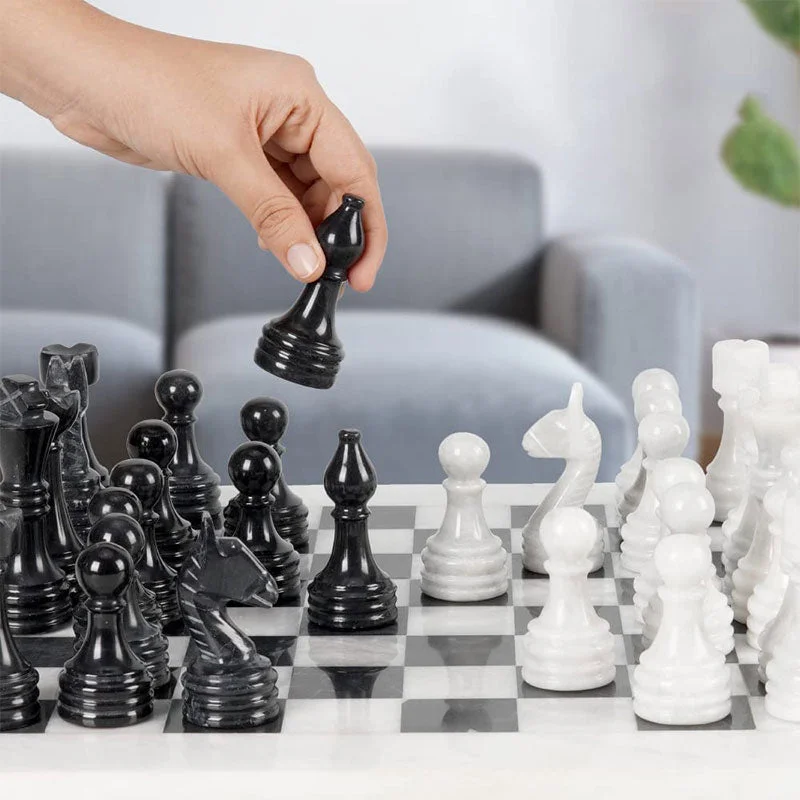 White and Black 15 Inches Premium Quality Marble Chess Set (With Storage Box)