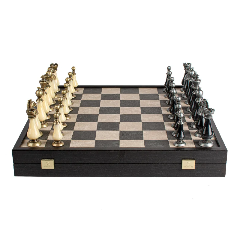 Black/White Leather Chessboard - 50x50cm with Brass and Pewter Finish Chessmen & Pearl Elements