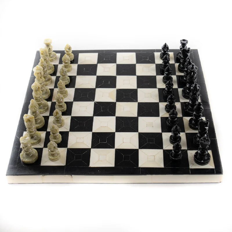 Bone Chess Set- Black and Coral- Bone Chess Board with Pieces- 12"