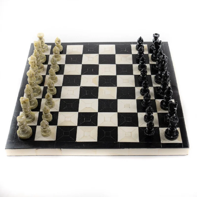 Bone Chess Set- Black and Coral- Bone Chess Board with Pieces- 16"