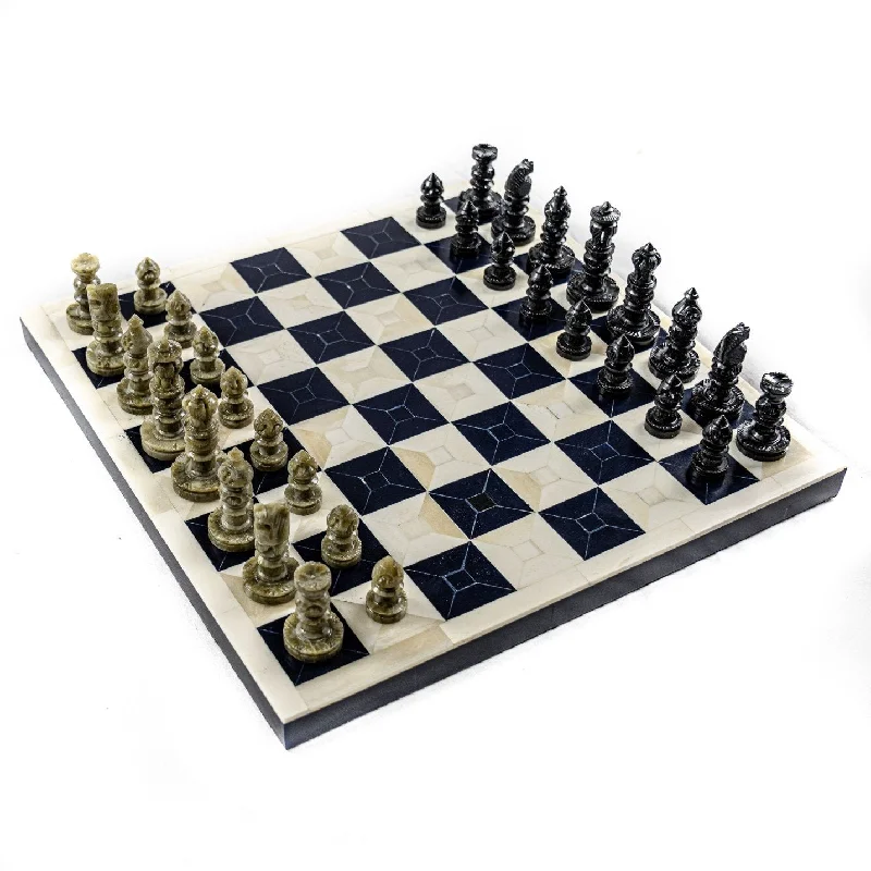 Bone Chess Set- Black and White- Bone Chess Board with Pieces- 16"