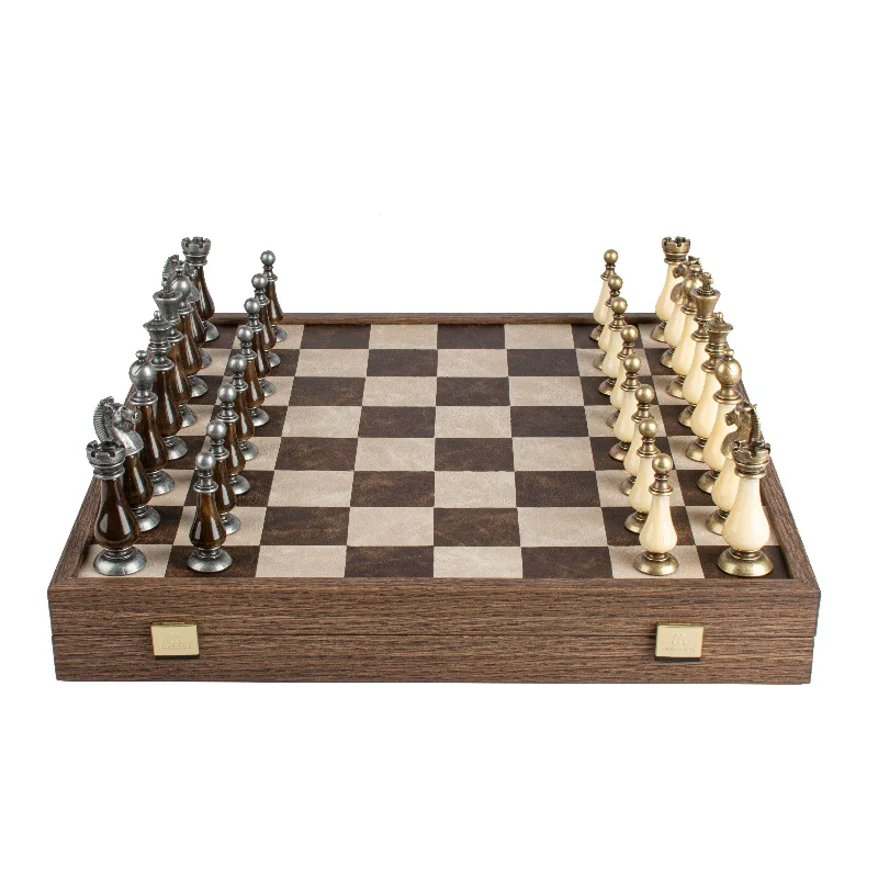 Brown/Ivory Leather Chessboard - 50x50cm with Brass and Pewter Finish Chessmen & Pearl Elements