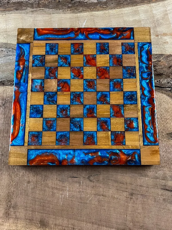 Caribbean Blue Vivid Orange Maple Wood Chess Board (With Border)