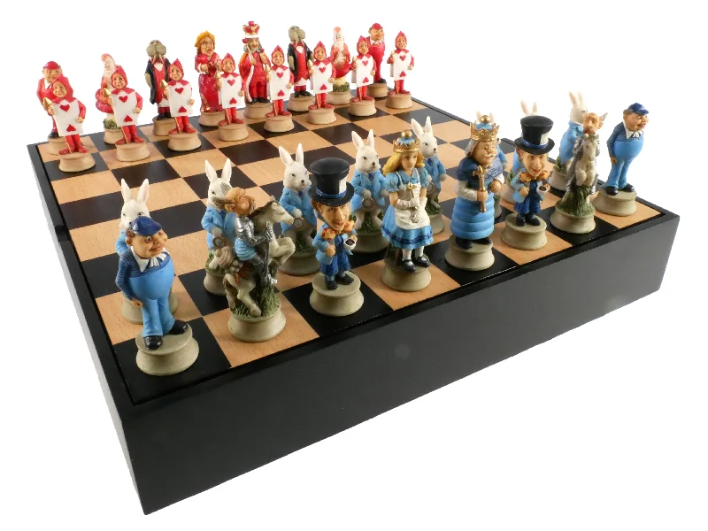 Chess Set - Alice in Wonderland Chess Pieces on Black and Maple Chess Chest