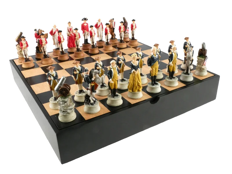 Chess Set - American Revolution Resin Chessmen on Black/Maple Chest