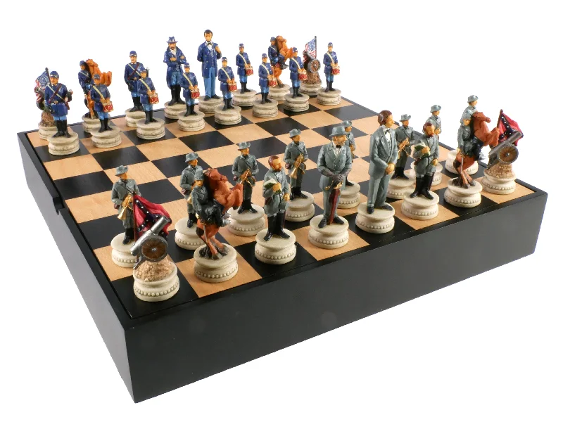 Chess Set - Civil War Resin Chessmen Generals on Black/Maple Chest