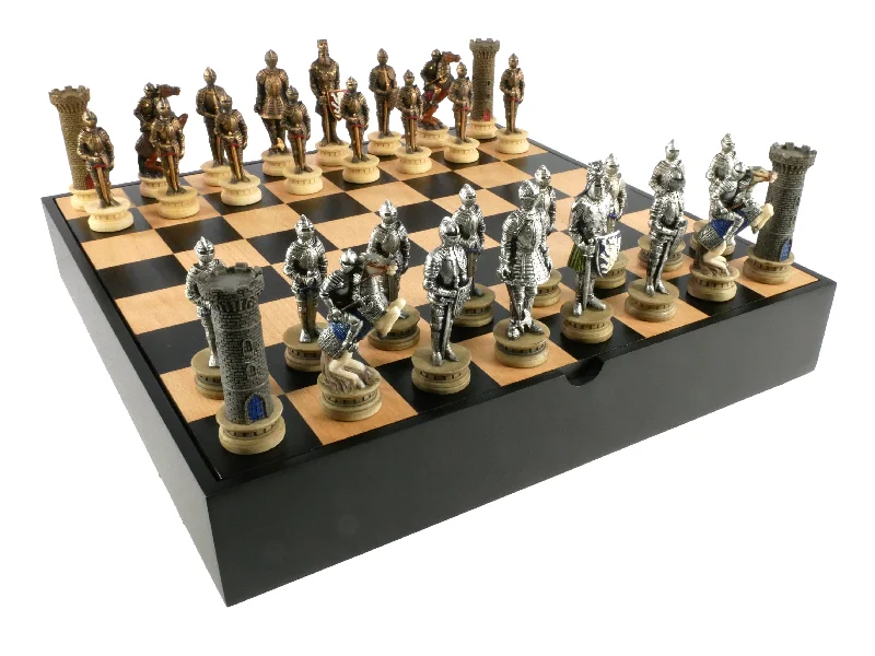 Chess Set - Knights in Armor Resin Chessmen on Black/Maple Chest