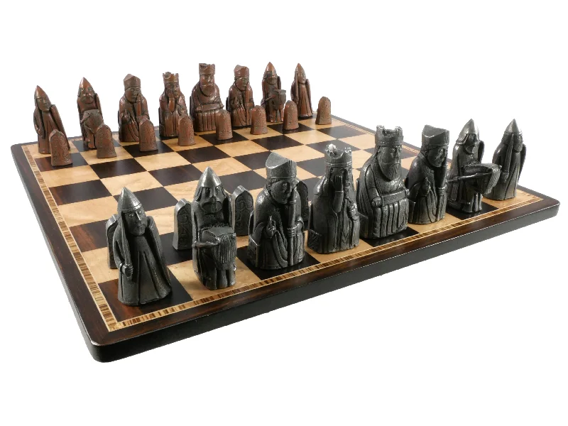 Chess Set- Metal Isle of Lewis Pieces on Ebony & Birdseye Maple Chess Board