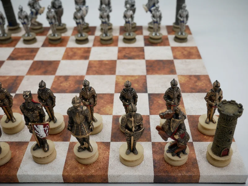 Chess Set - Painted Resin Medieval Knights Pieces on Caramel & Cream Faux Leatherette Chess Board