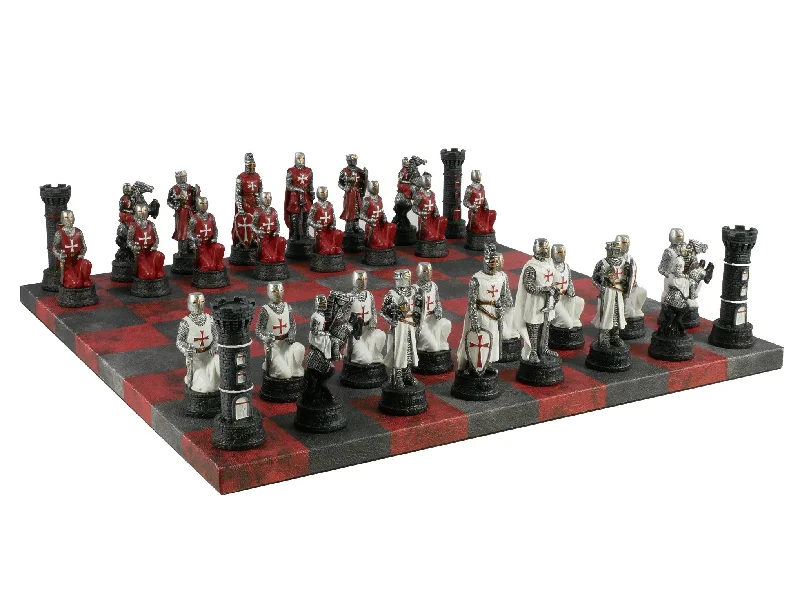 Chess Set - Resin Crusade IV Pieces on 14.5" Red & Dusky Black Faux Leather Board