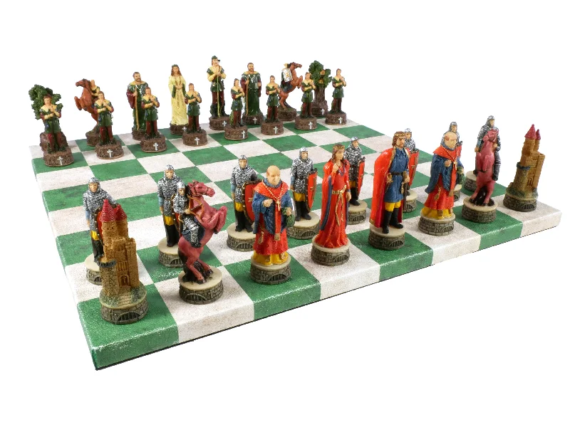 Chess Set - Robin Hood Chessmen on Green & Cream Faux Leatherette Chess Board