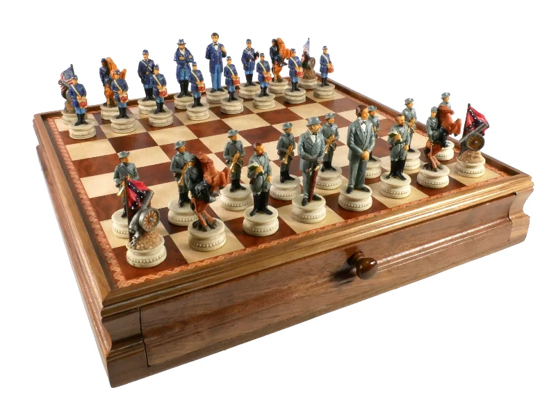 Chess Set - Civil War Resin Chessmen on Walnut/Maple Chest