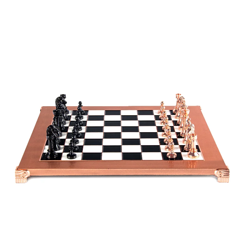 Handcrafted Classic Metal Staunton Chess Set - Black/Copper Chessmen and Copper Chessboard (Medium)