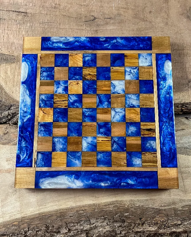 Deep Blue Cloud Maple Wood Chess Board (With Border)