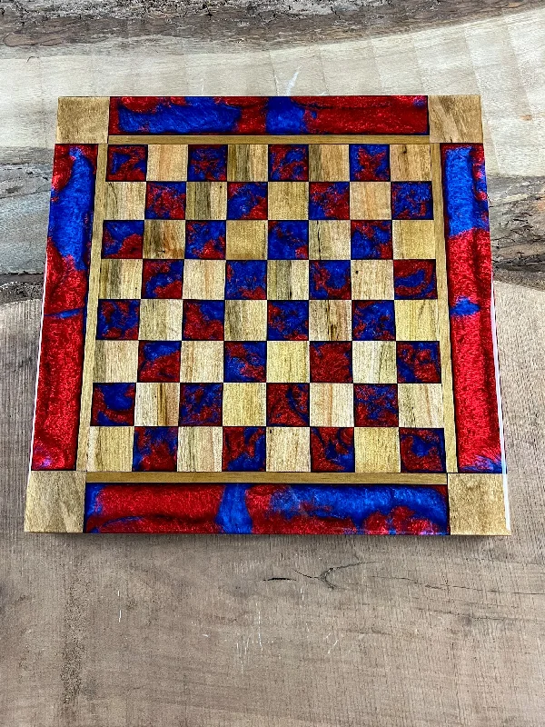 Deep Blue Red Lava Maple Wood Chess Board (With Border)