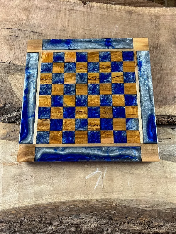 Deep Blue Silver Cloud Maple Wood Chess Board (With Border)