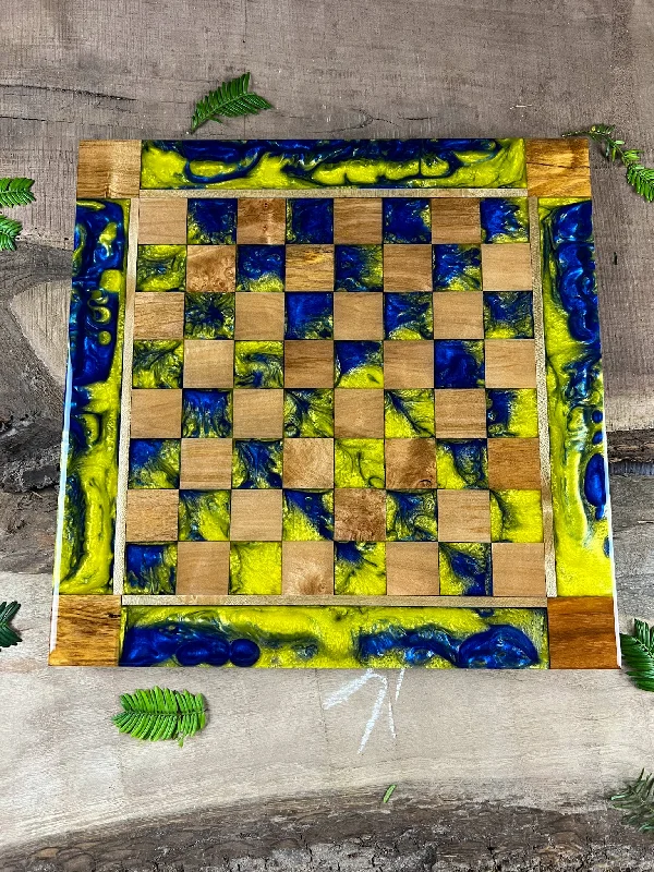 Golden Blue Maple Wood Chess Board (With Border)