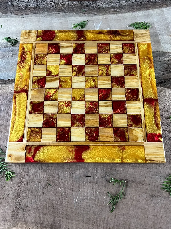 Golden Red Olive Wood Chess Board (With Border)