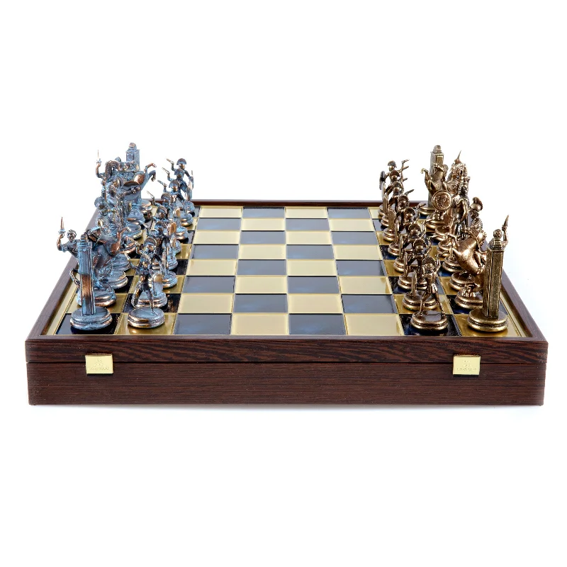 Handcrafted Greek Mythology Chess Set in Wooden Box - Blue & Brown Chessmen with Bronze Board (Extra Large)