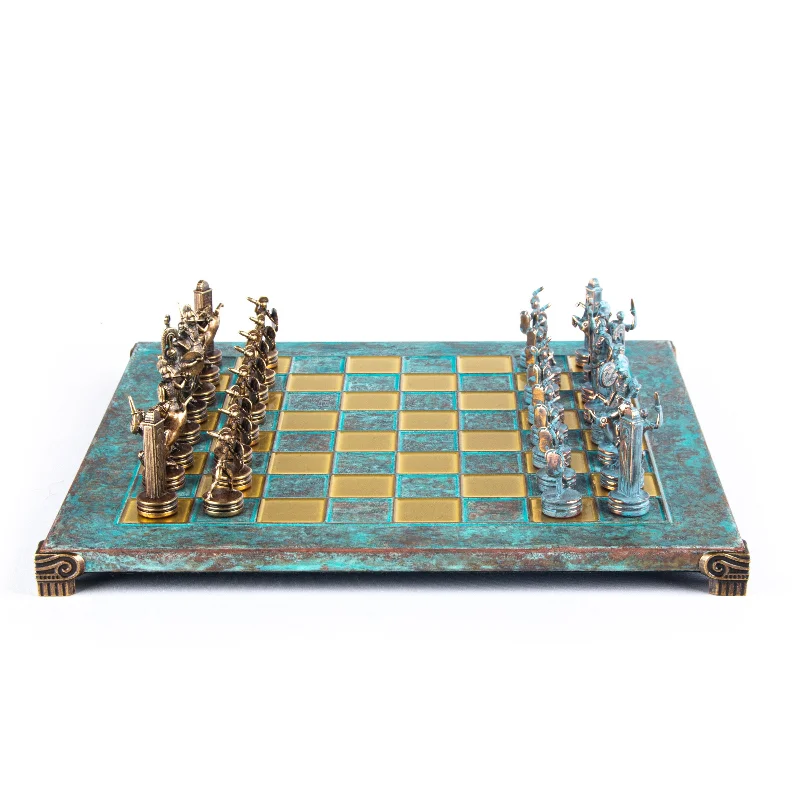 Handcrafted Greek Mythology Chess Set with Blue & Brown Chessmen on Bronze Chessboard – 36x36cm (Medium)