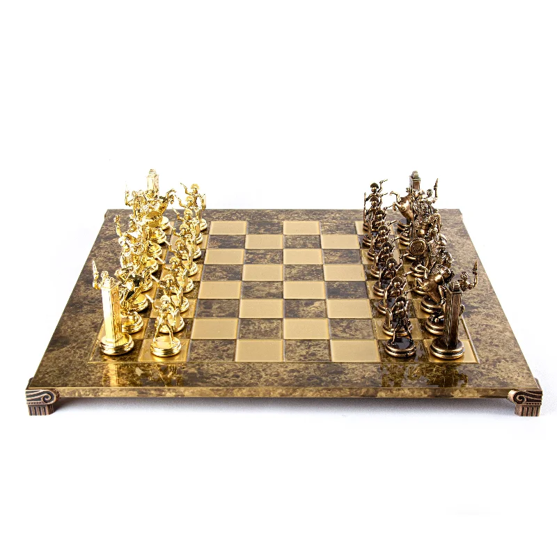 Handcrafted Greek Mythology Chess Set - Gold/Brown Chessmen and Bronze Chessboard (Extra Large)