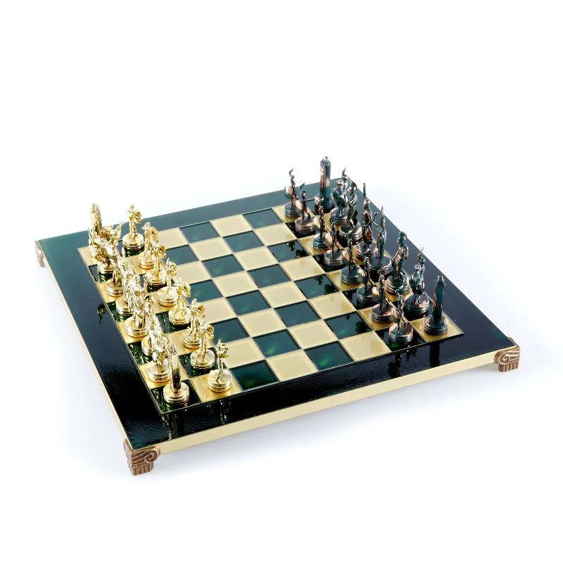 Handcrafted Greek Mythology Chess Set - Green/Gold Chessmen and Bronze Chessboard (Medium)