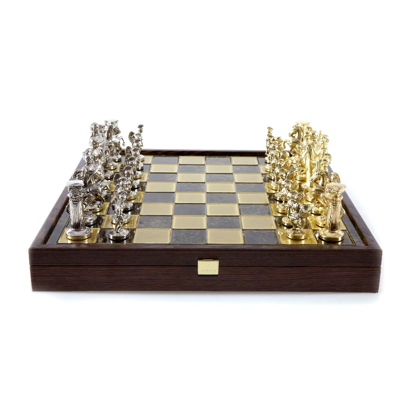 Handcrafted Greek Roman Period Chess Set in Wooden Box - Gold & Silver Chessmen with Bronze Board (Large)