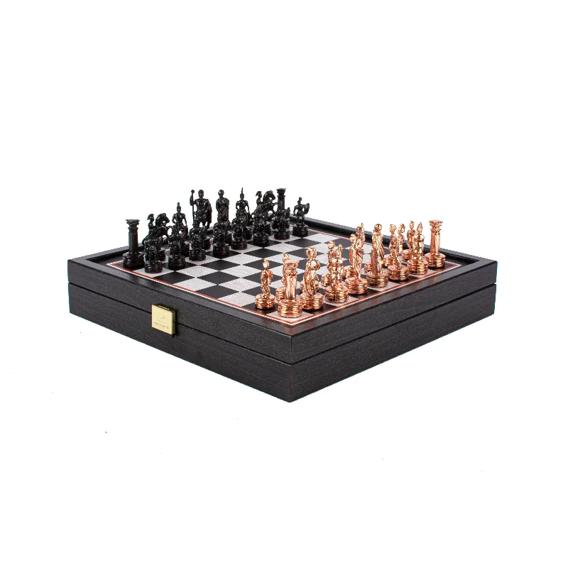 Handcrafted Greek Roman Period Chess Set - Black & Copper Chessmen with Copper Board (Small)