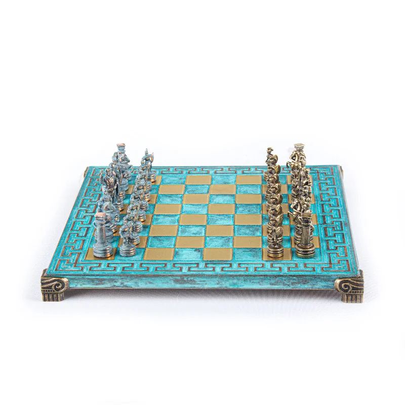 Handcrafted Greek Roman Period Chess Set - Blue/Bronze Chessmen and Meander Bronze Chessboard (Small)