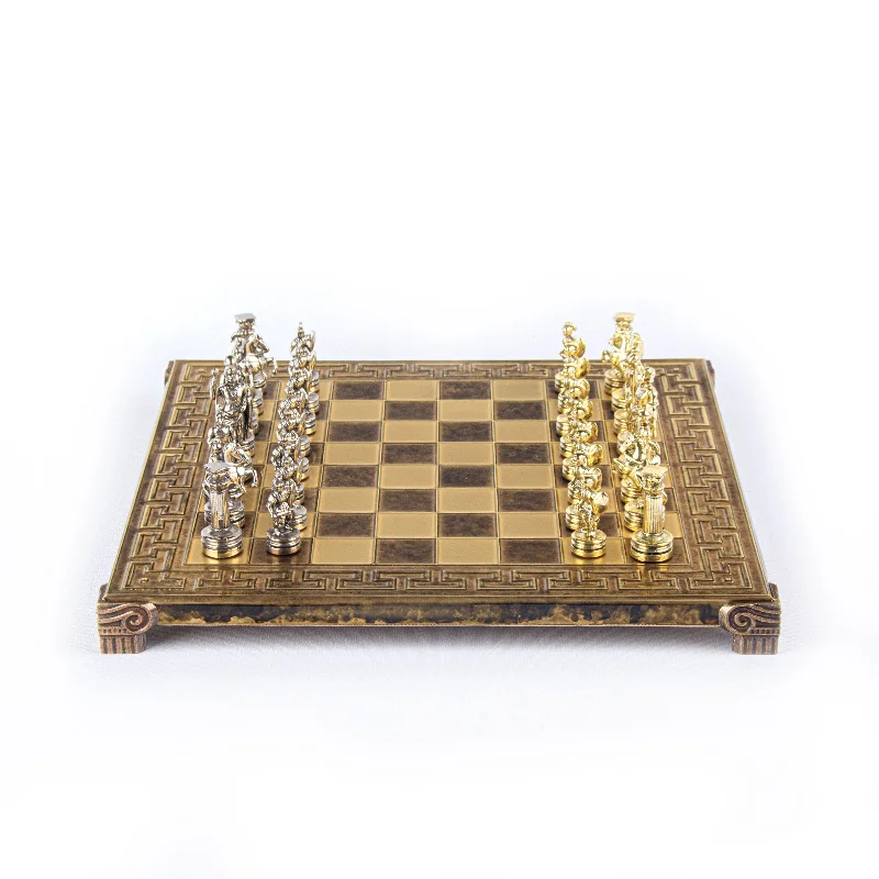 Handcrafted Greek Roman Period Chess Set - Gold/Silver Chessmen and Meander Bronze Chessboard (Small)