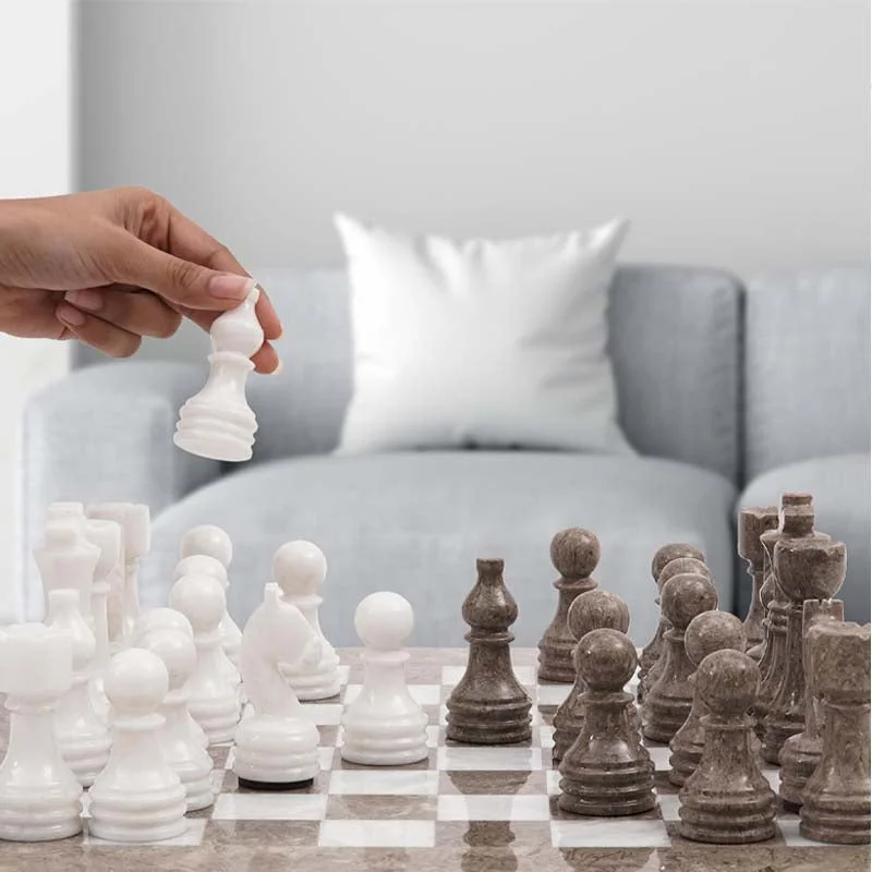 Grey Oceanic and White 15 Inches High Quality Marble Chess Set