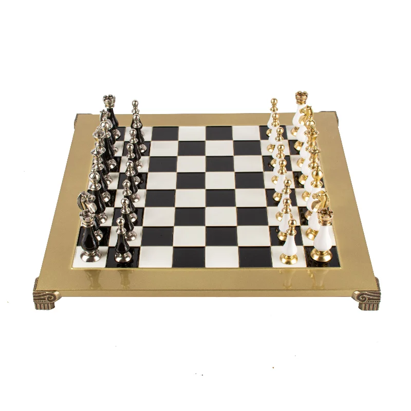 Handcrafted Classic Metal Staunton Chess Set with Pearl Elements, Black & White (Large)