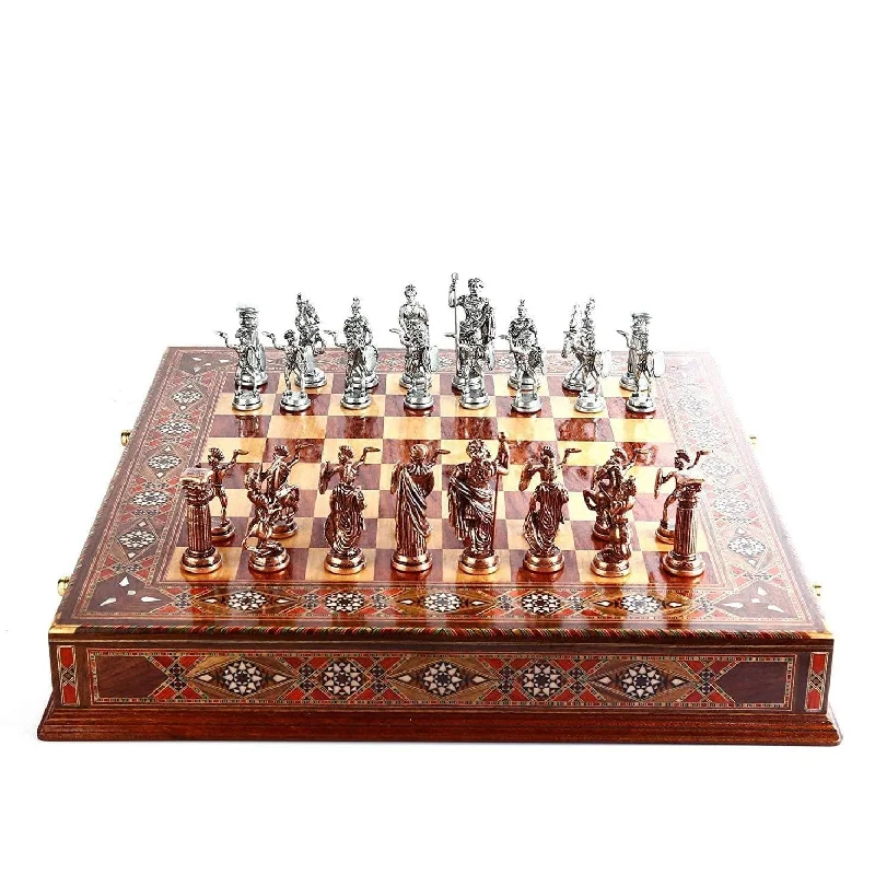 Handmade Vintage Chess Board | Wooden Board & Hand Crafted Roman Pieces | Classic Chess Board