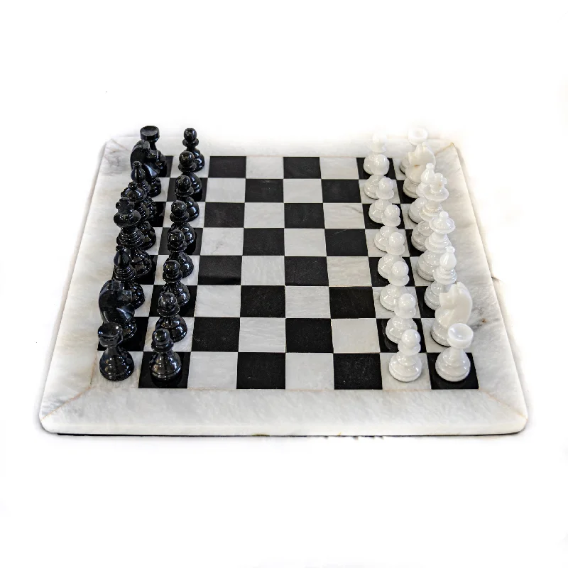 Large Marble Chess Set- White and Black with Fancy Chess Pieces- White Border- 16"