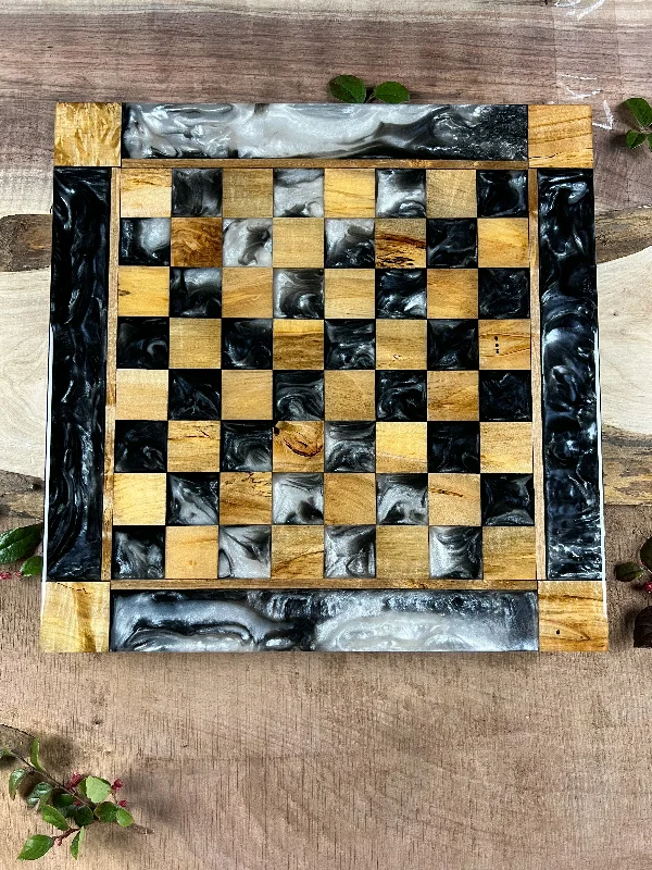 Maple Wood Black/Pearl Marble Chess Board (With Border)