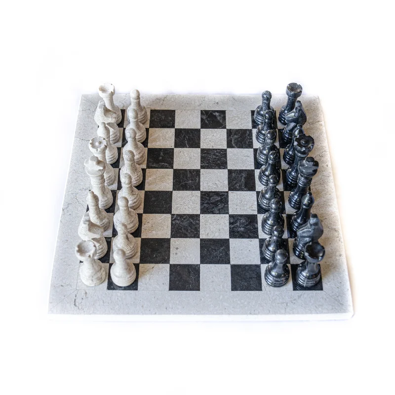 Marble Chess Set- Black and White Coral with Chess Pieces- White Coral Border- 12"