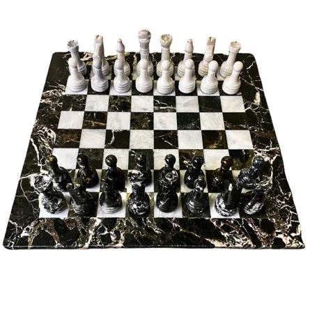 Marble Chess Set- Black Zebra and White- 12"