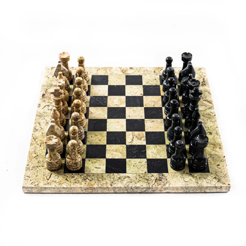 Marble Chess Set- Botticino and Black Marble Chess Board with Pieces- 12"