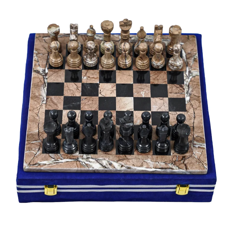 Marble Chess Set- Marina and Black Marble Chess Board with Pieces- 12"